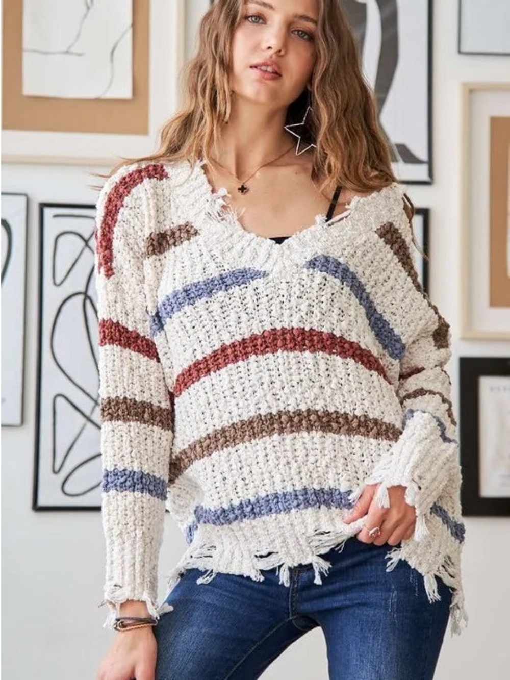 ADORA Cream Distressed V-Neck Sweater with Rust, Blue & Brown Stripes